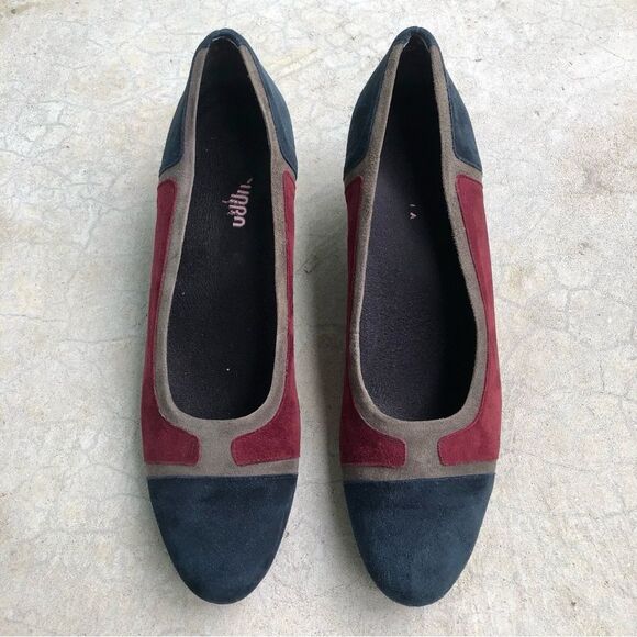 Munro Suede Pumps Heels Shoes Color-blocked Navy Blue Maroon 12N 12 Narrow - Picture 3 of 8